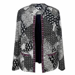 Indikka NY Women's Sz L Cotton Blazer Black White Embroidered Open Front Jacket